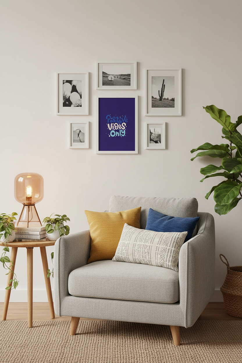 Positive Vibes Only poster in living room